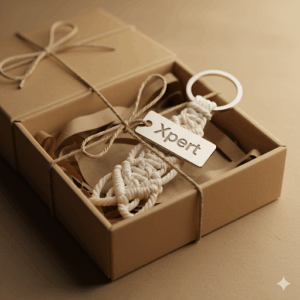 xpert handmade macrame keychain – boho cotton fashion accessory with logo tag